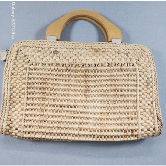 Vintage Made in Italy Straw Bag Wood Handle Quiet Luxury Garfinckel's Boho zzz - Picture 2 of 11